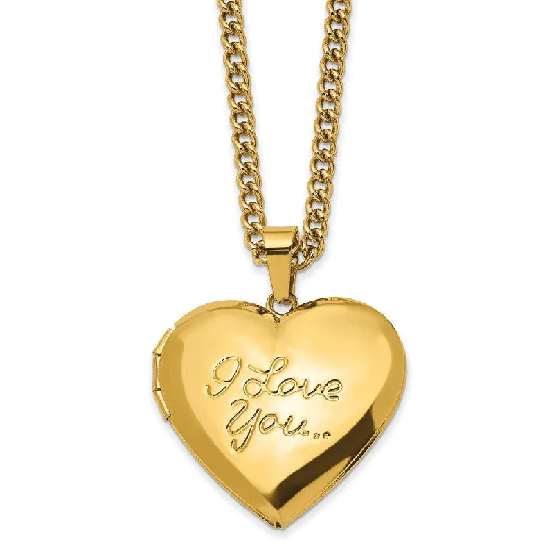 Ladies necklaces office wear-Stainless Steel Polished Yellow IP I LOVE YOU Heart Locket 24in Necklace