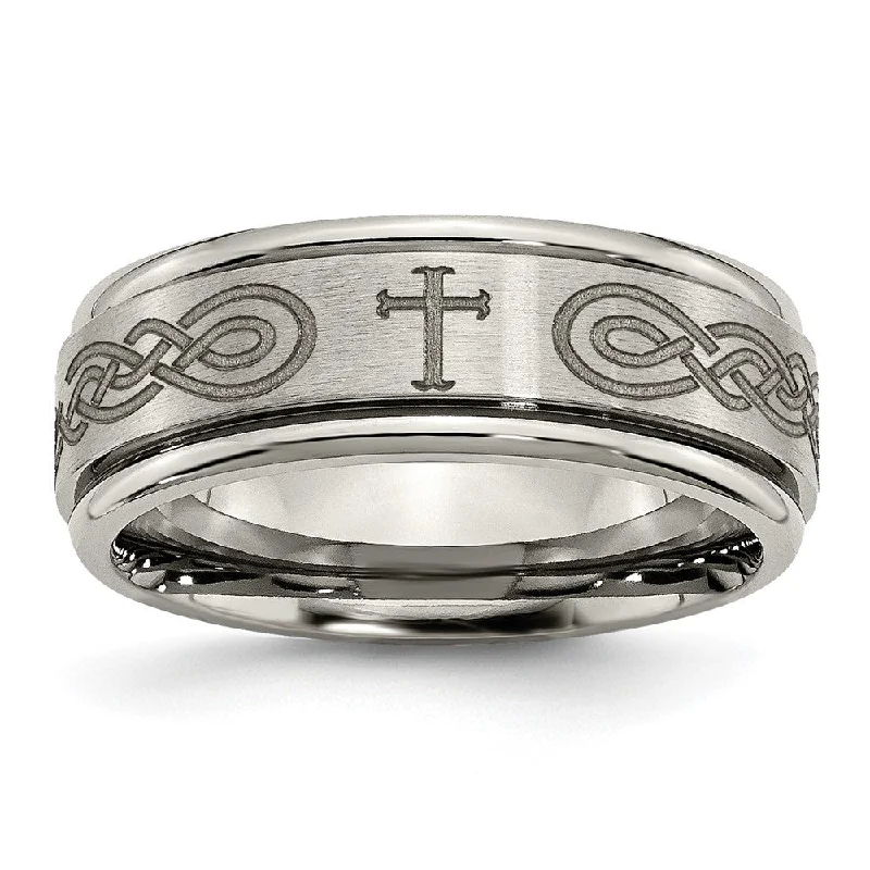 Ladies ring gold styles-8mm Titanium Etched Cross & Scroll Grooved Edge Standard Fit Band