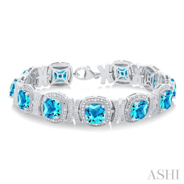 Ladies bracelets boho chic-1/10 ctw Cushion Cut 7X7MM Blue Topaz and Round Cut Diamond Semi Precious Bracelet in Sterling Silver