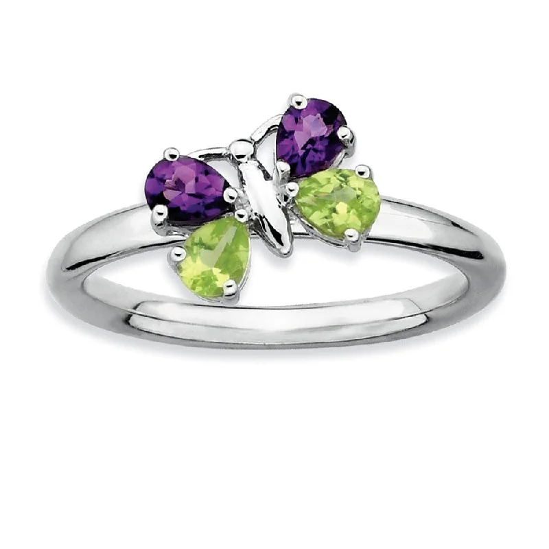 Ladies ring sentimental value-Sterling Silver Peridot and Amethyst Stackable Gemstone Butterfly Ring