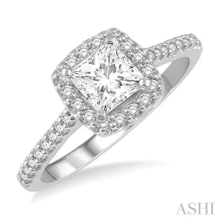 Ladies engagement rings financing plans-3/4 Ctw Diamond Ladies Engagement Ring with 1/2 Ct Princess Cut Center Stone in 14K White Gold