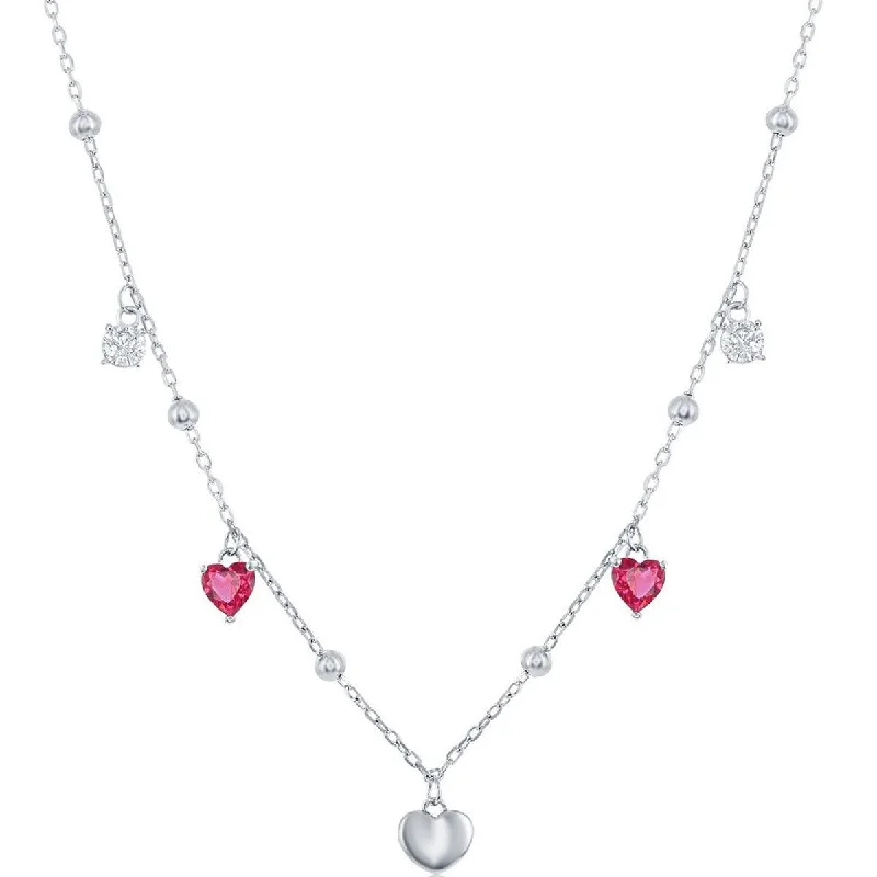 Ladies necklaces silver finish-Classic Women's Necklace - Sterling Silver White and Ruby CZ Heart Beaded | M-6813