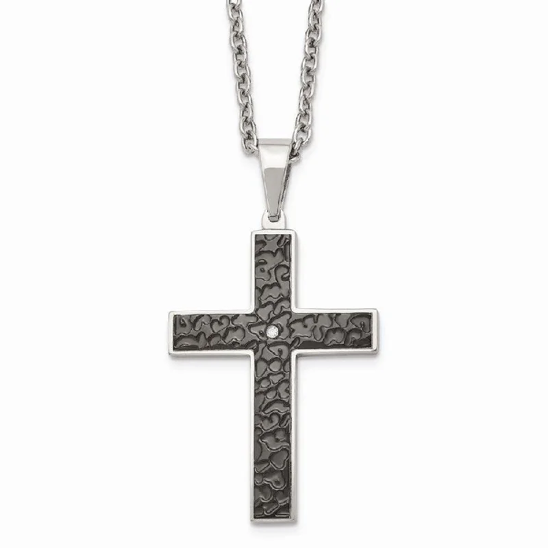 Ladies necklaces holiday specials-Stainless Steel Polished Black IP Textured CZ Cross Necklace