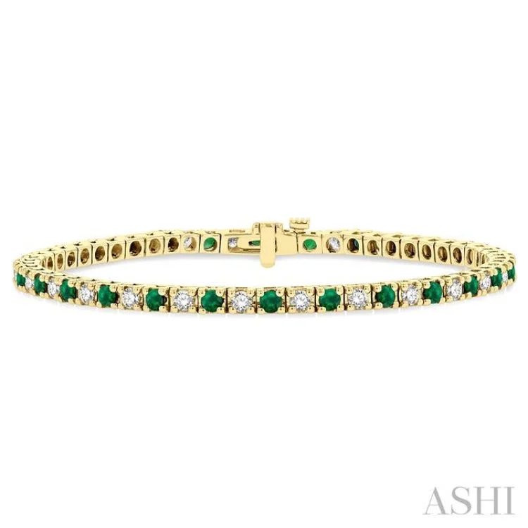 Ladies bracelets party glamour-1 1/2 ctw Square Box Link 2.5MM Emerald and Round Cut Diamond Precious Tennis Bracelet in 14K Yellow Gold