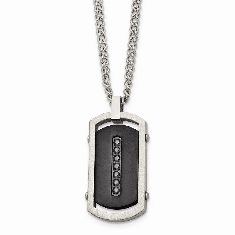 Ladies necklaces colorful stones-Stainless Steel Brushed/Polished Black IP Center Black CZ Tag Necklace