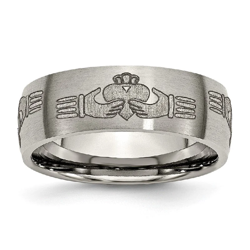 Ladies ring sweet style-8mm Titanium Etched & Brushed Claddagh Domed Standard Fit Band