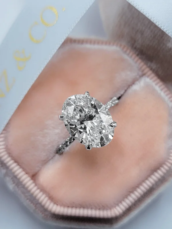 Ladies engagement rings celebrity styles-4.54 Carats Lab Grown Oval Cut Micropaved Side Stones Hidden Halo Diamond Engagement Ring