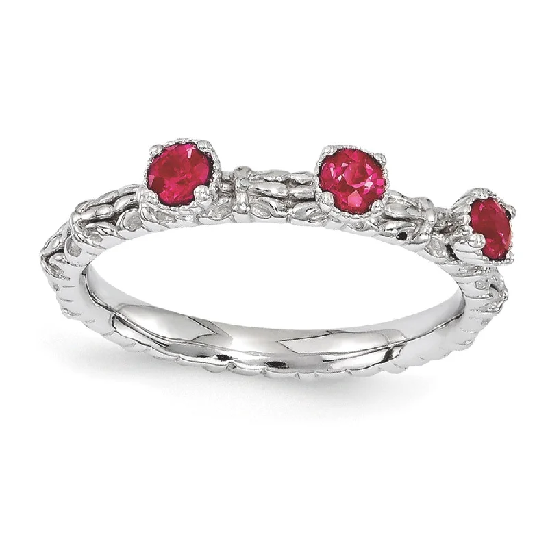 Ladies ring pure silver-Sterling Silver Stackable Created Ruby Round Three Stone Ring