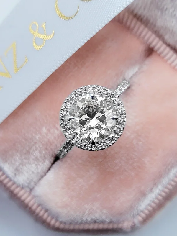 Ladies engagement rings simple designs-2.60 Carats Lab Grown Round Brilliant Cut Micropaved Halo Side Stones Diamond Engagement Ring