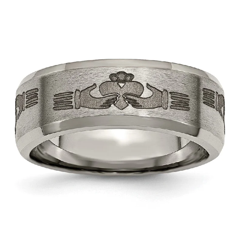 Ladies ring classic styles-8mm Titanium Laser Etched Claddagh Beveled Standard Fit Band