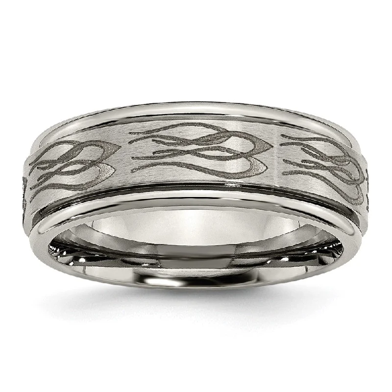 Ladies ring celebrity styles-8mm Titanium Laser Etched Flames Grooved Edge Standard Fit Band