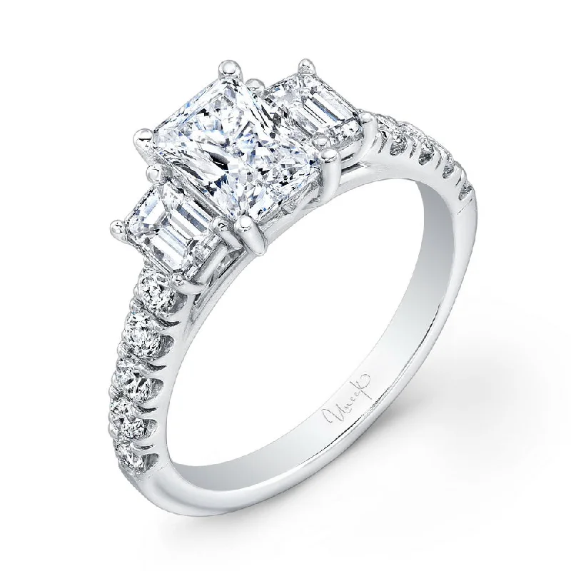 Ladies engagement rings bezel styles-Uneek Emerald-Cut Diamond Three-Stone Engagement Ring with Pave Upper Shank