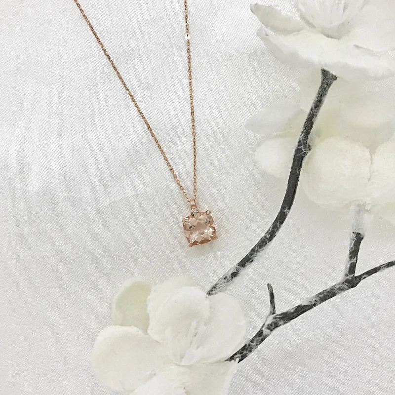 Ladies necklaces layered look-10k Gold Cushion Cut Created Morganite Stone and Diamond Necklace