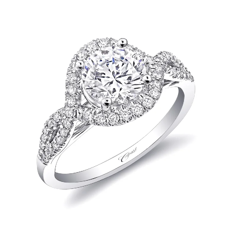 Ladies engagement rings custom engravings-14K White Gold Twisted Shank and Diamond Halo Semi Mount Engagement Ring