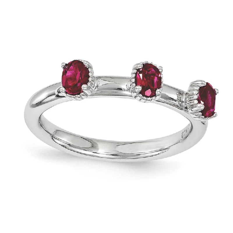 Ladies ring heart shape-Sterling Silver Stackable Created Ruby Oval Three Stone Ring