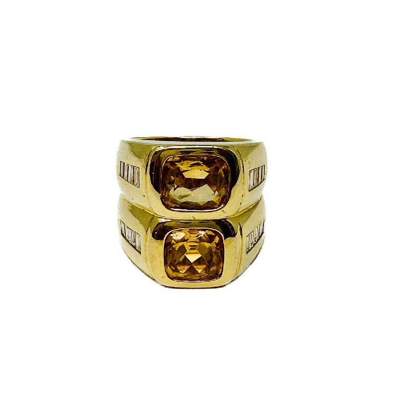 Ladies ring birthday present-18K Gold Twin Ring with 2 Cushion Shaped Citrine and 16 Baguette Diamomds