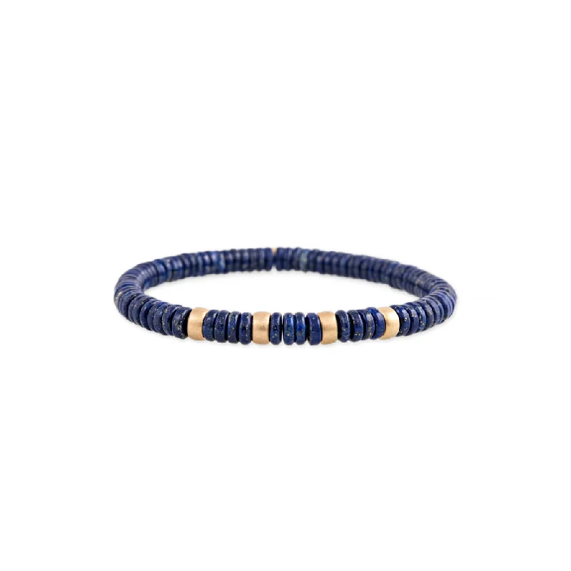 Ladies bracelets price guide-4 SPACED OUT GOLD BEADS + LAPIS BEADED STRETCH BRACELET