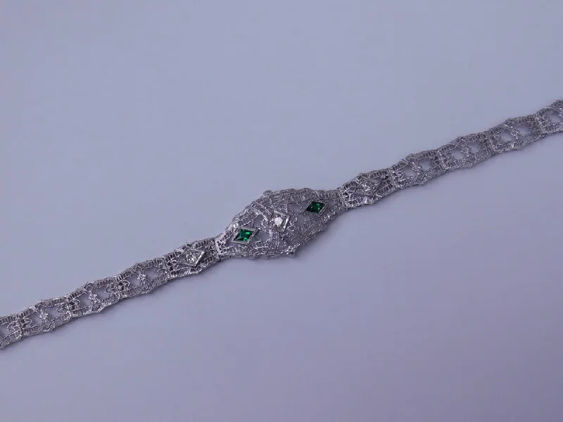 Ladies bracelets titanium options-14K ART DECO BRACELET WITH DIAMOND AND GREEN GLASS