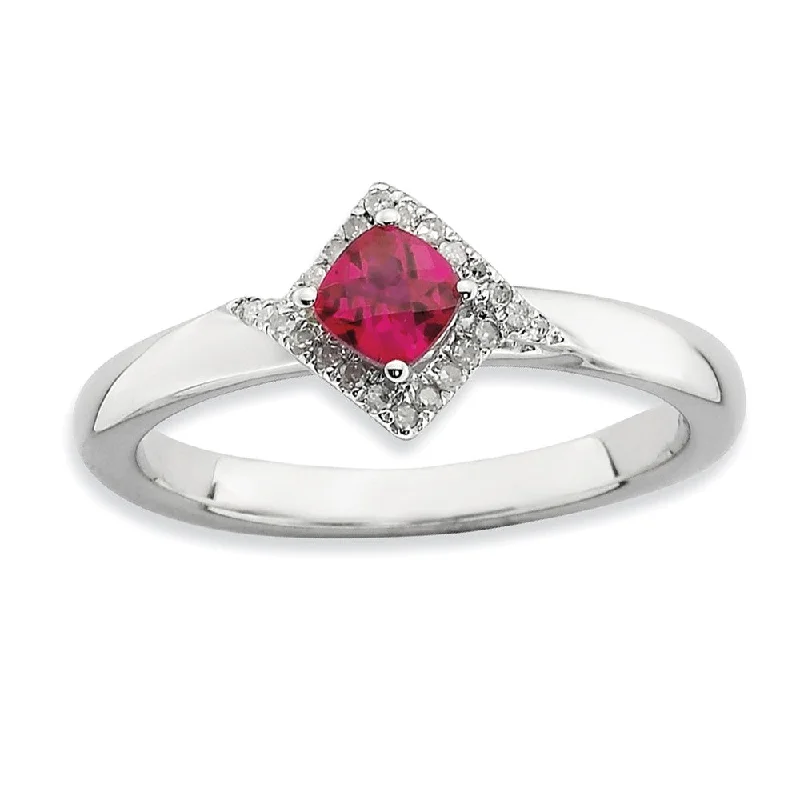 Ladies ring holiday gifts-Stackable Created Ruby and 1/10 Ctw HI/I3 Diamond Sterling Silver Ring