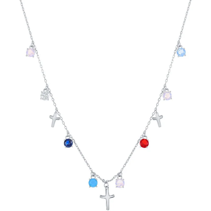 Ladies necklaces heart pendants-Classic Women's Necklace - Round Multi-Color CZ and Crosses | M-6814