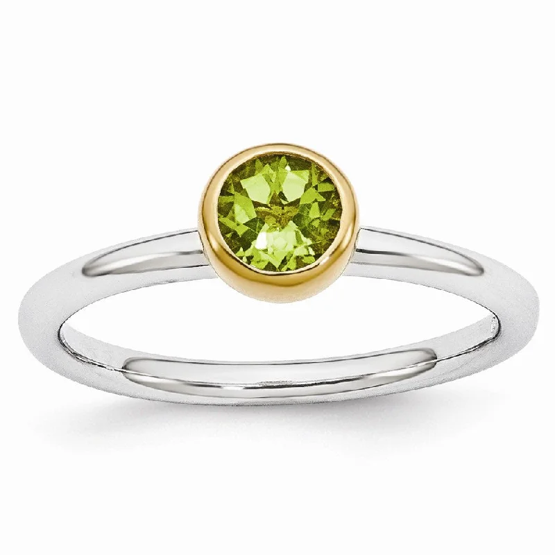 Ladies ring care tips-Two Tone Sterling Silver Stackable 5mm Round Peridot Ring