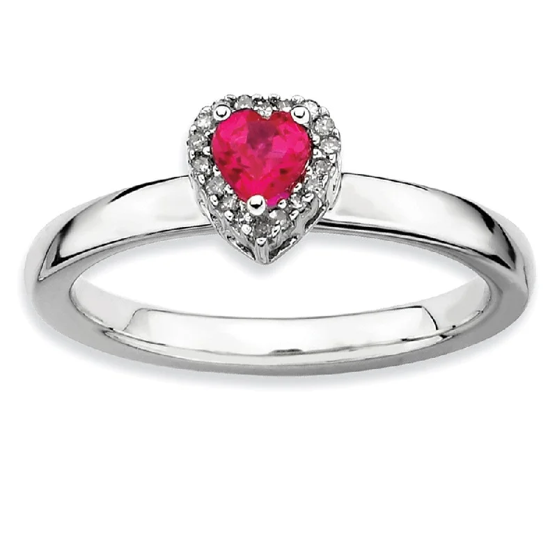 Ladies ring wedding accessory-Sterling Silver Created Ruby & 1/20 Ctw Diamond Stackable Heart Ring