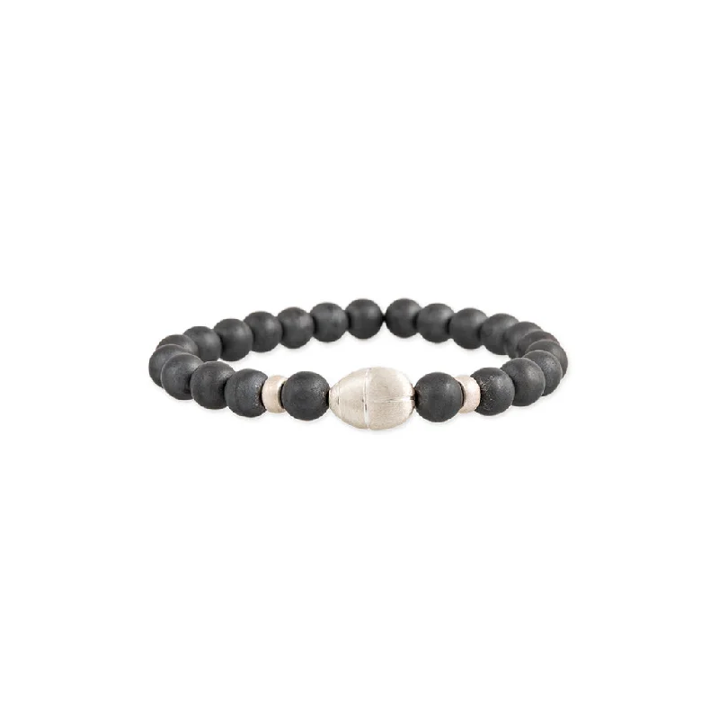 Ladies bracelets investment value-SCARAB + STERLING SILVER AND HEMATITE BEADED STRETCH BRACELET