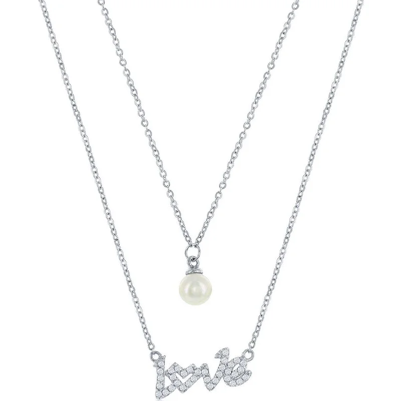 Ladies necklaces viral designs-Classic Women's Necklace - Sterling Silver CZ LOVE and Round FWP Layered | M-6875