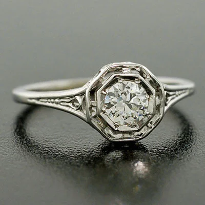 Ladies engagement rings white gold-Art Deco 18kt Diamond Engagement Ring .27ct