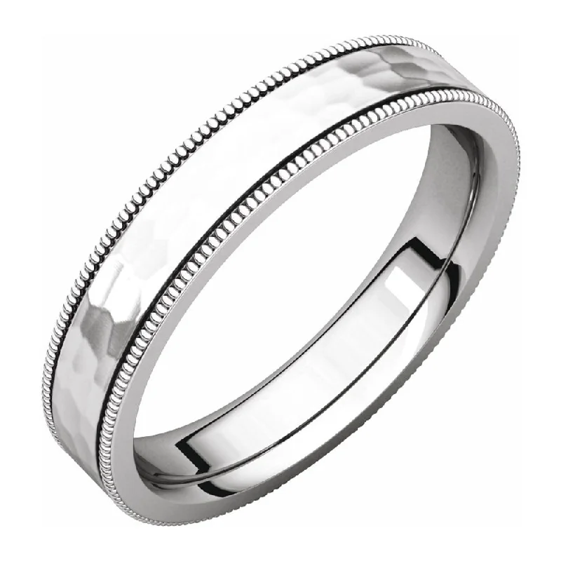 Ladies ring punk elements-4mm 14K White Gold Milgrain Hammered Flat Comfort Fit Band