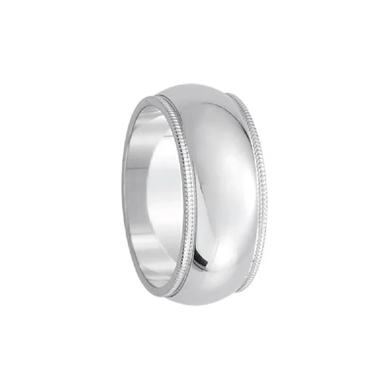 Ladies ring celebrity styles-8mm Milgrain Edge Domed Band in 14k White Gold