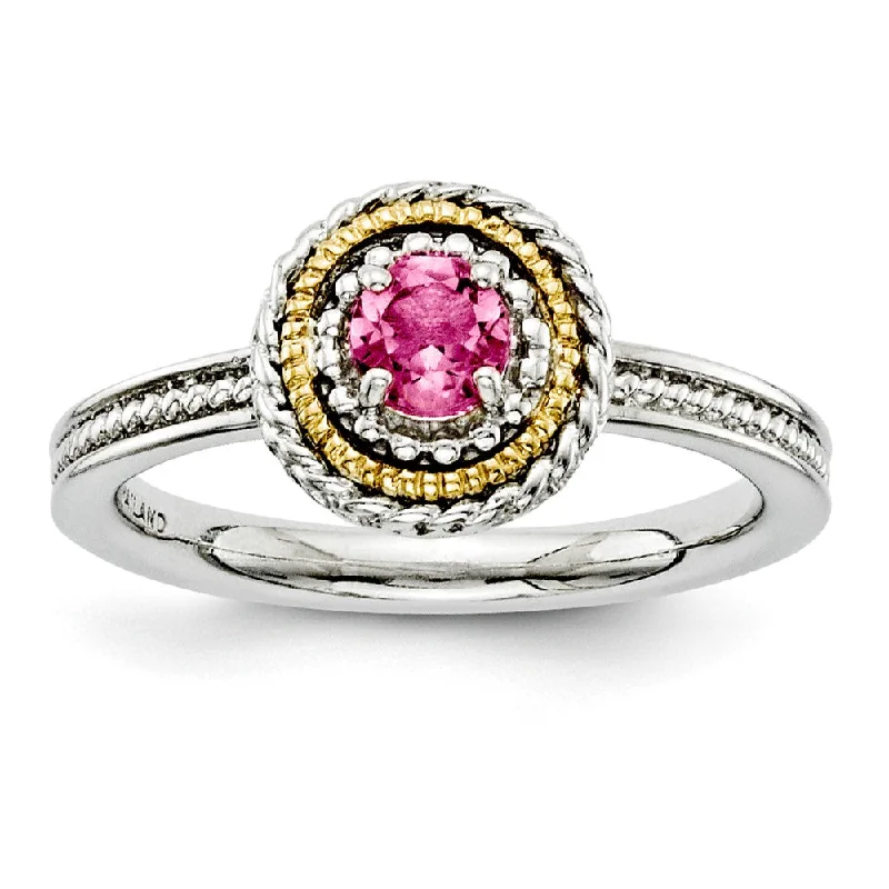 Ladies ring custom options-Sterling Silver & 14K Gold Plated Stackable Pink Tourmaline Ring