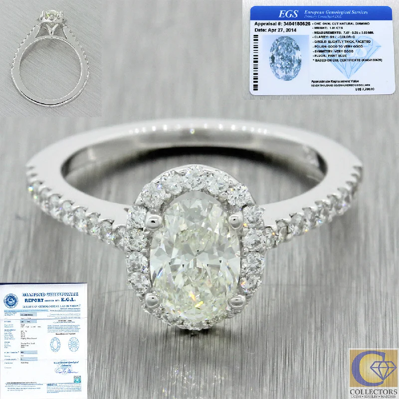 Ladies engagement rings diamond cuts-14k Solid White Gold 1.41ctw Oval Diamond Halo Engagement Ring EGL International