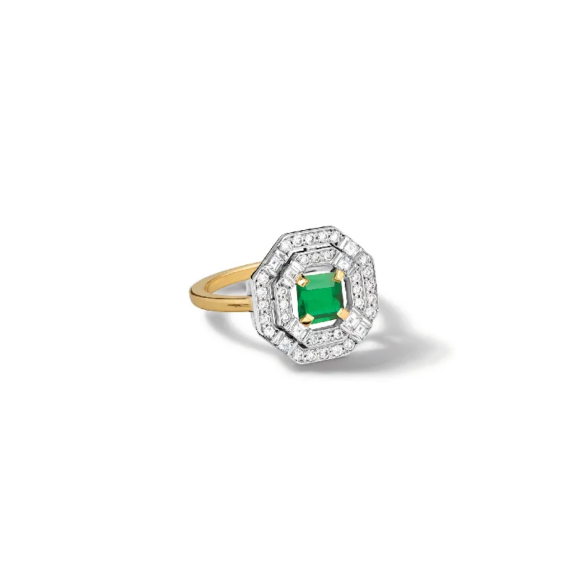 Ladies engagement rings custom designs-Heloise Engagement Ring 18ct White & Yellow Gold - Emerald & Diamond