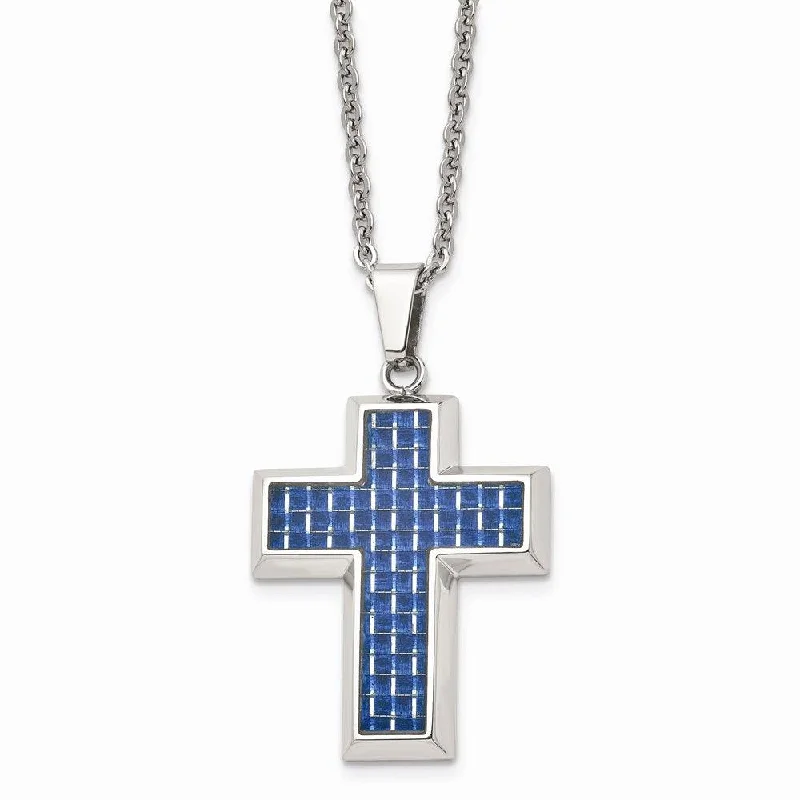 Ladies necklaces retail shops-Stainless Steel Polished with Blue Carbon Fiber Inlay Cross 22in Necklace