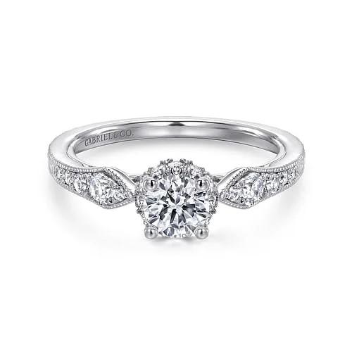 Ladies engagement rings diamond cuts-Vintage Inspired 14K White Gold Round Halo Complete Diamond Engagement Ring