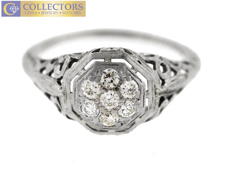 Ladies engagement rings sapphire accents-Ladies Antique Art Deco Estate 14K White Gold 0.21ctw Diamond Engagement Ring