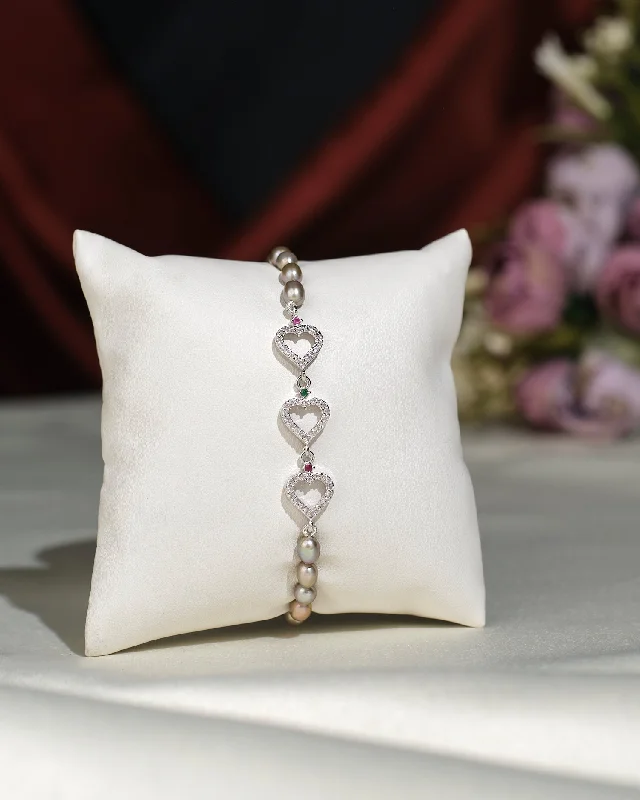 Ladies bracelets anniversary choice-Triple Heart CZ Pearl Bracelet