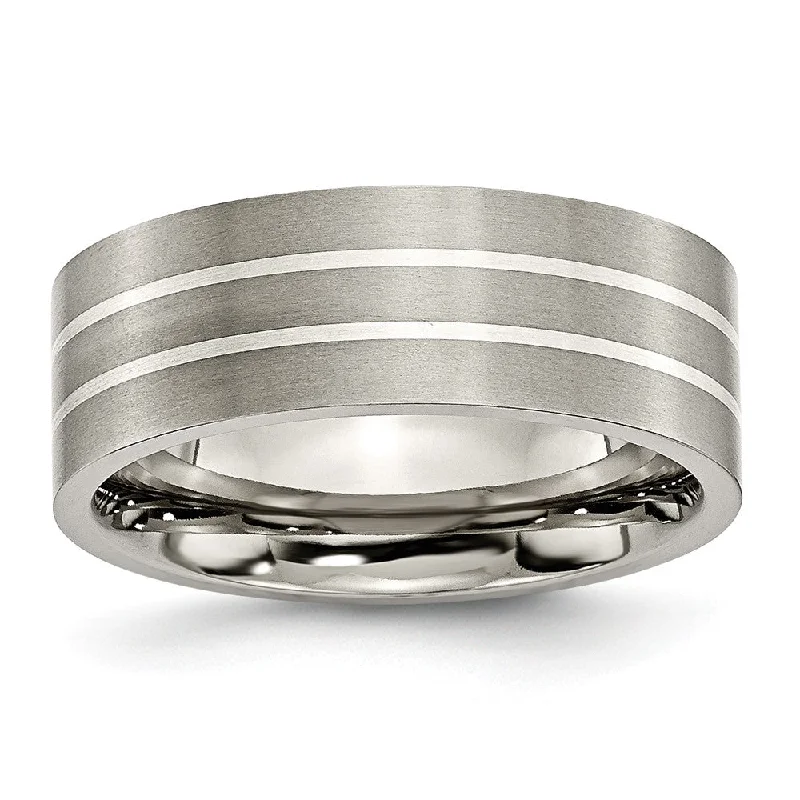 Ladies ring handmade crafts-Titanium & Sterling Silver Inlay, 8mm Flat Brushed Comfort Fit Band