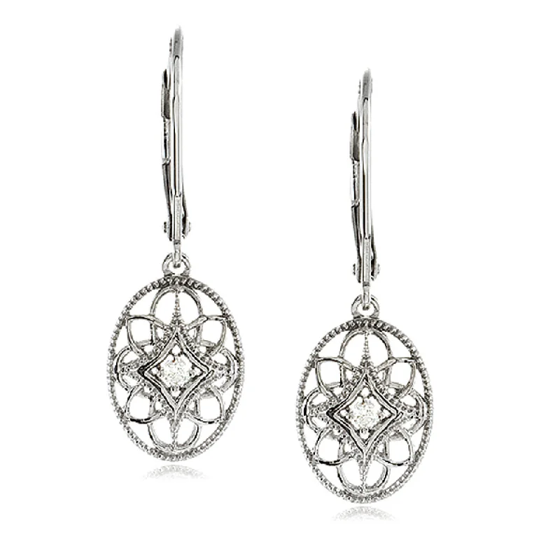 Ladies earrings minimalist look-Vintage Style Diamond Oval Earrings in Sterling Silver