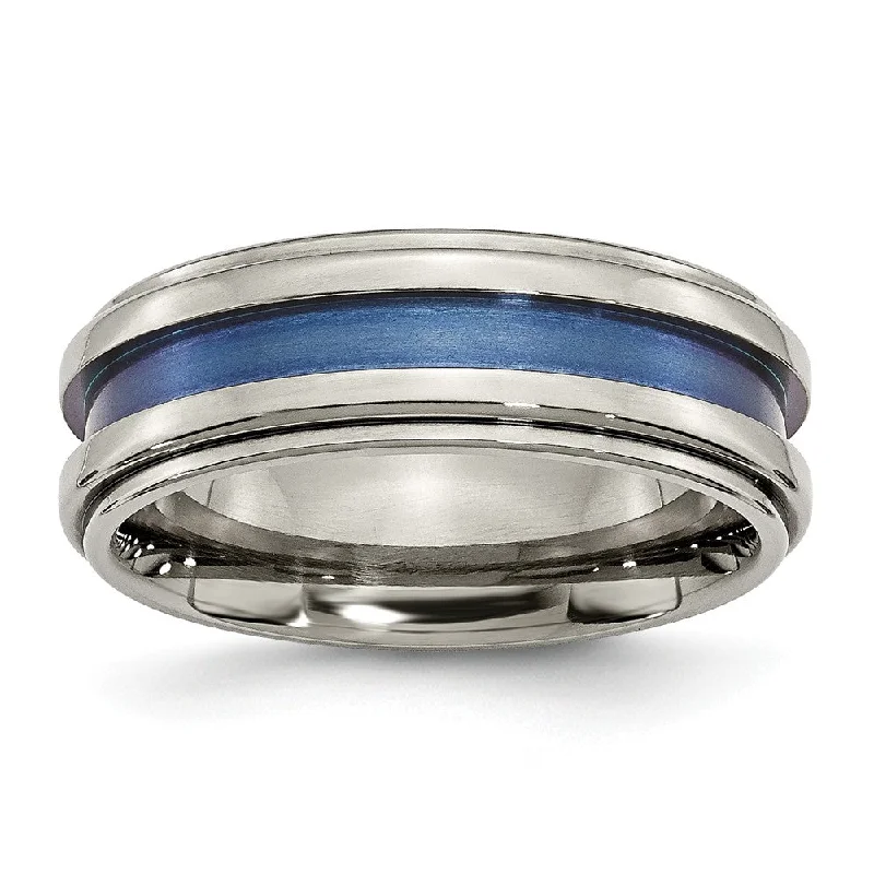 Ladies ring wedding accessory-8mm Titanium Blue Groove Ridged Edge Polished Band