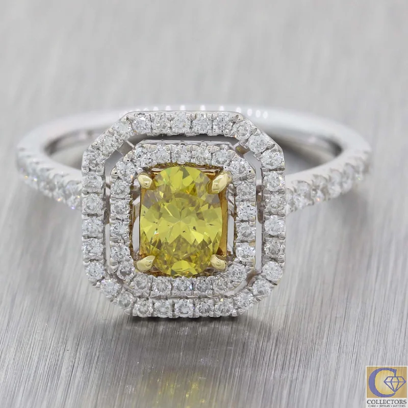 Ladies engagement rings lightweight feel-Modern 18k White Gold 1.12ctw Fancy Yellow Diamond Halo Engagement Ring A8