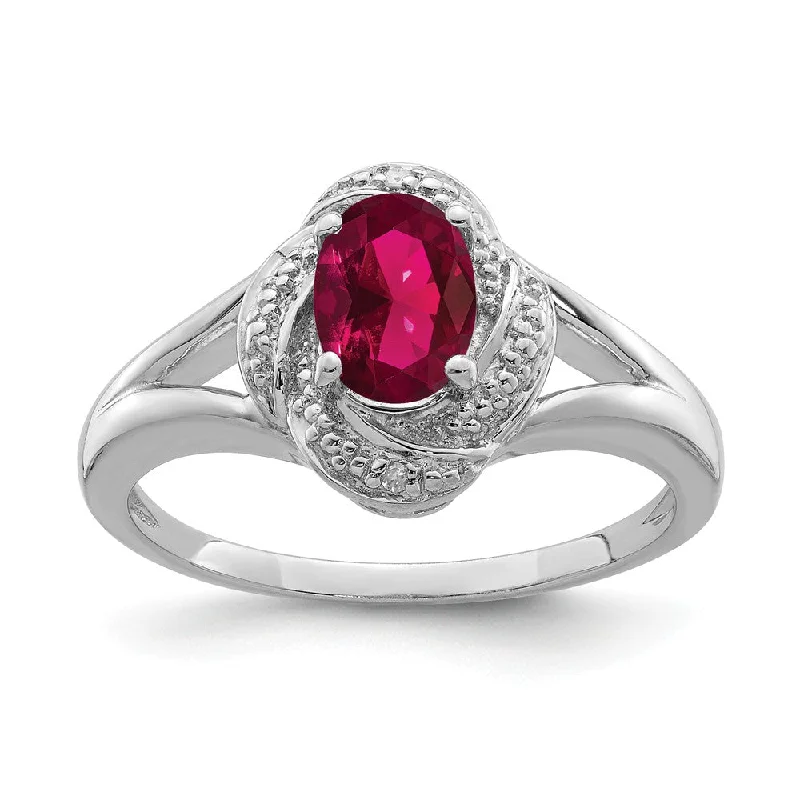 Ladies ring budget-friendly-Sterling Silver .01 Ctw (H-I, I2-I3) Diamond & Oval Created Ruby Ring