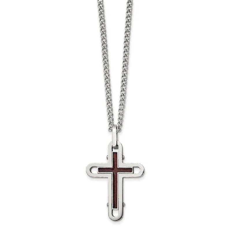 Ladies necklaces sister sets-Stainless Steel Polished Wood with Enamel Overlay Cross Necklace