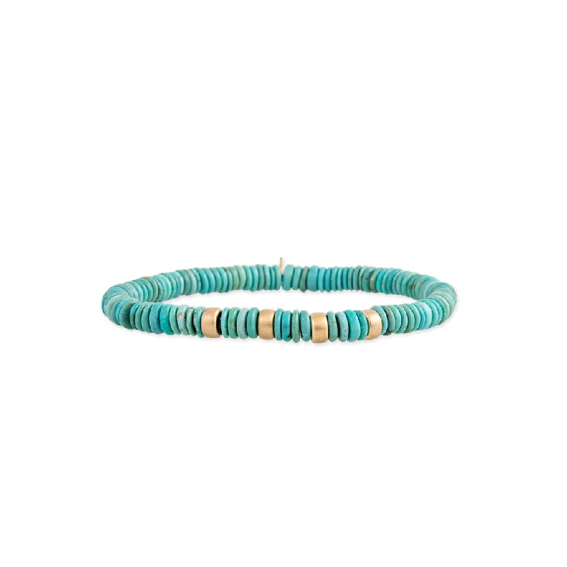 Ladies bracelets engagement gifts-4 SPACED OUT GOLD BEADS + TURQUOISE BEADED STRETCH BRACELET