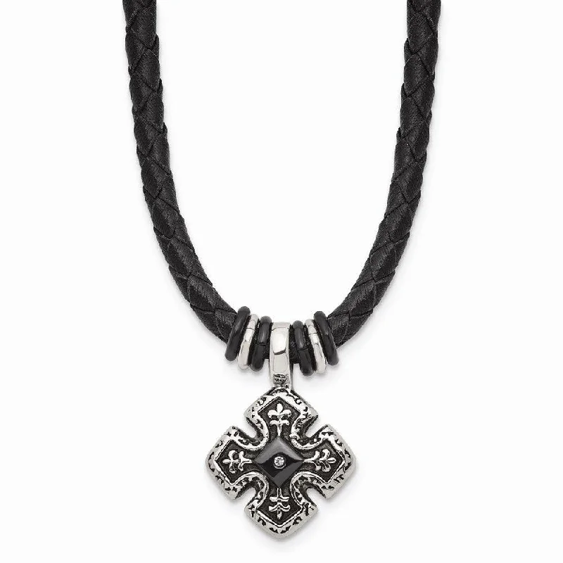 Ladies necklaces sister sets-Stainless Steel Polished Black IP Braided Blk Leather CZ Necklace