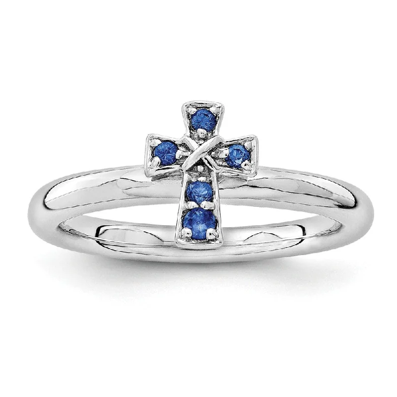 Ladies ring stacking tips-Rhodium Sterling Silver Stackable Created Sapphire 9mm Cross Ring