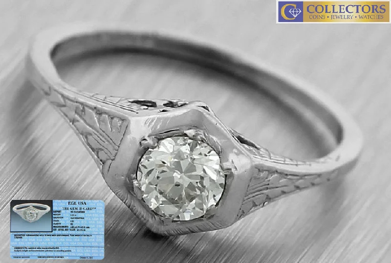 Ladies engagement rings delicate bands-Antique Art Deco Estate 14K White Gold 0.43ct Diamond Engagement Ring EGL USA