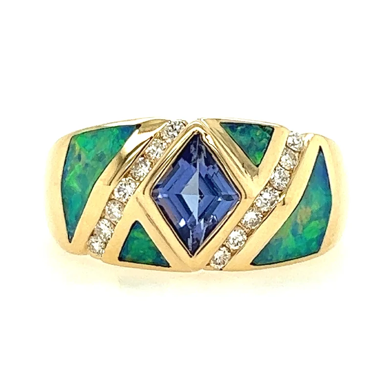 Ladies ring index finger-Estate Geometric Style Tanzinite, Opal & Diamond Ring by Kabana in Yellow Gold