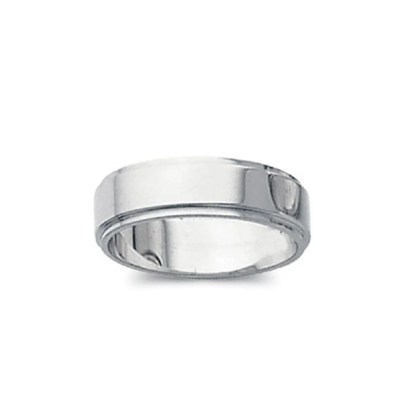 Ladies ring office style-5mm Flat Ridged Edge Wedding Band in 14k White Gold